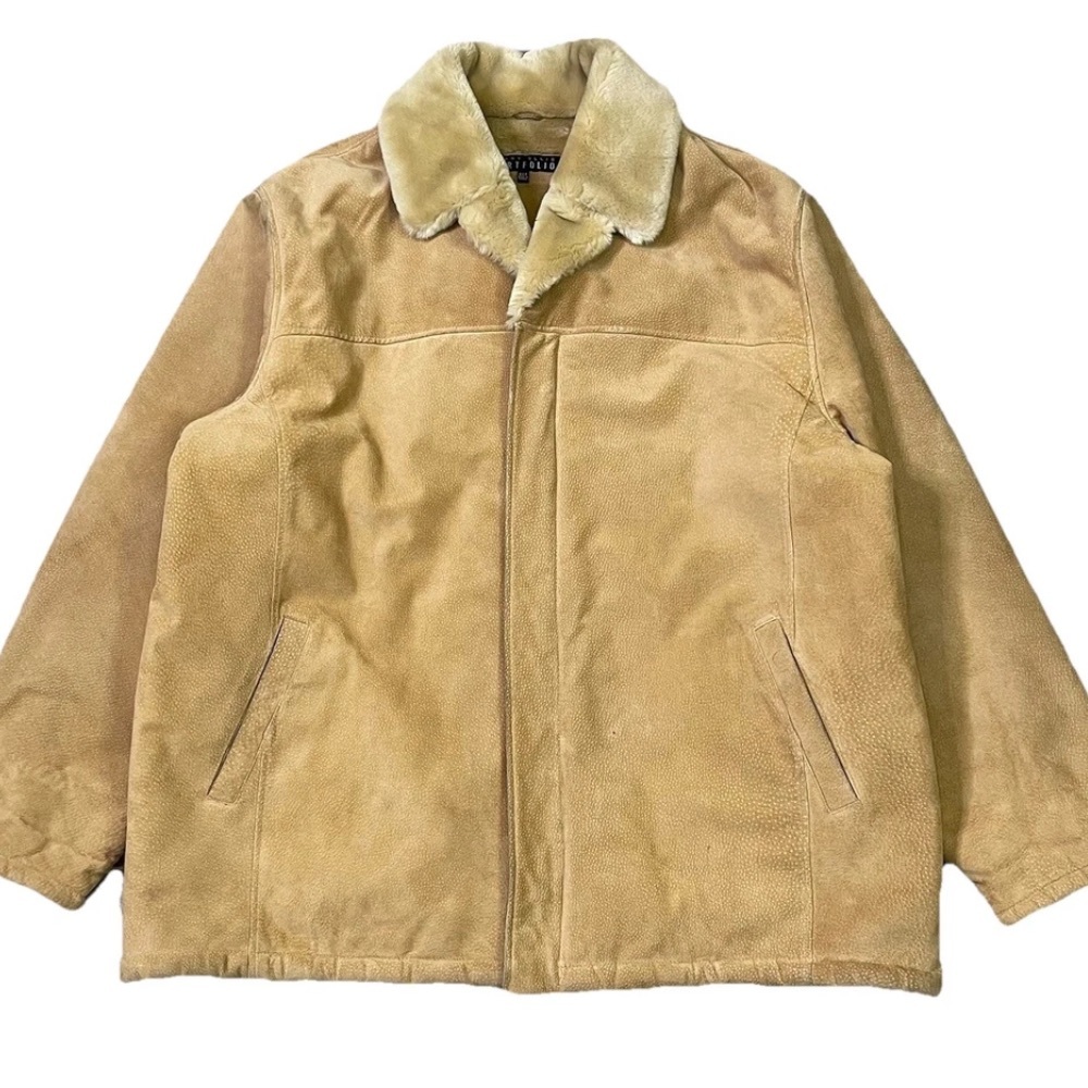 Perry Ellis Portfolio Men 3XL Genuine Leather Faux Fur Shearling Coat Jacket